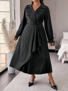 SHEIN Unity Plus Size Solid Color Long Sleeve Lapel Neck Minimalist Casual Long Dress - Black - View 4