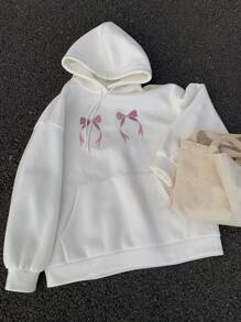 DAZY 女士宽松休闲刺绣蝴蝶结连帽抓绒卫衣，长袖上衣，秋季服装，冬季连帽衫 - 白色 - 查看 9