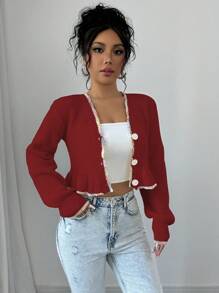 Elenzga 1pc Women Short Lotus Hem Cardigan, Autumn/Winter Fall Cloth For Women - Red - View 3