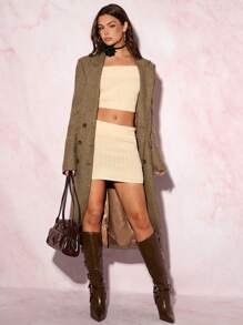 Glamine Set de 2 piezas que incluye suéter corto sexy off-the-shoulder y minifalda ajustado, conjunto para fiestas navideñas, ropa de temporada invernal - Albaricoque - Ver 4