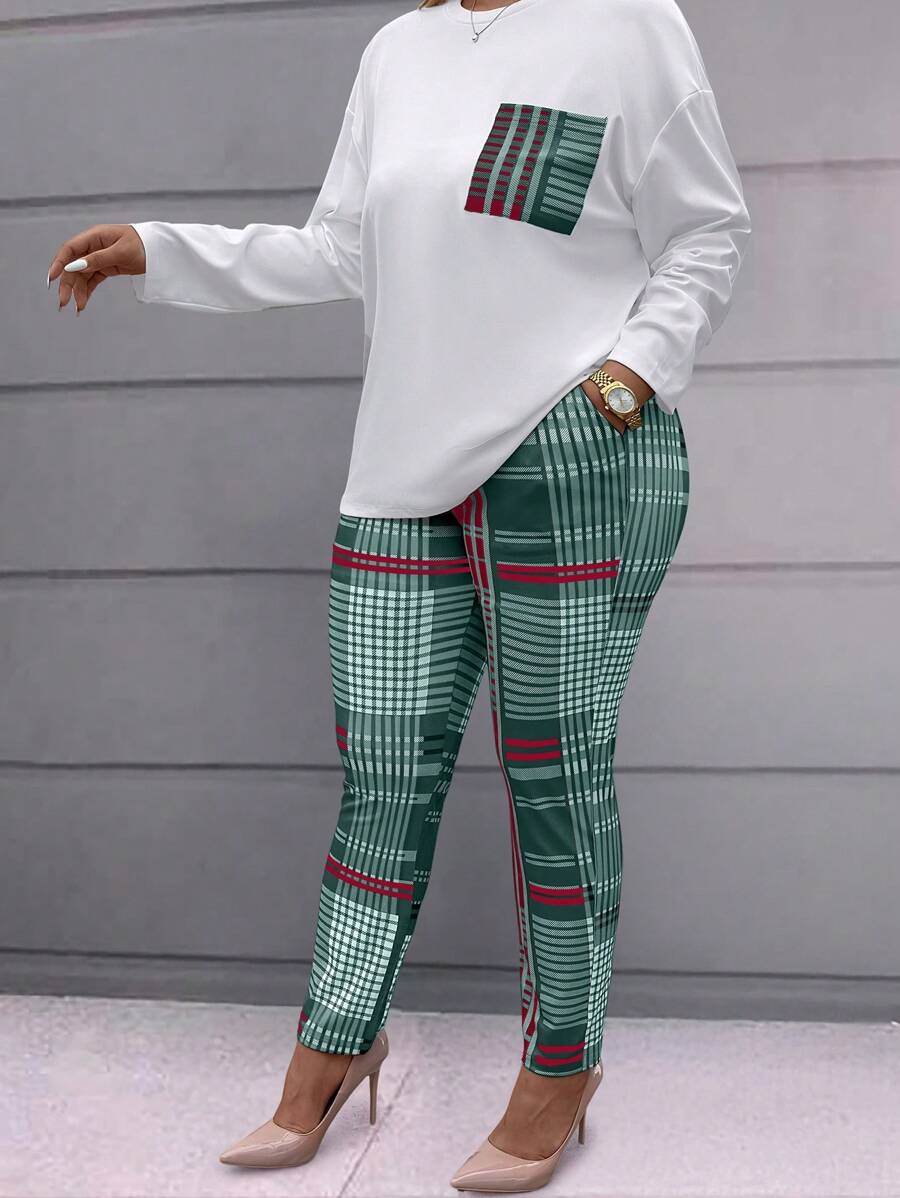 Maweii 大码格子印花圆领长袖上衣和口袋裤套装