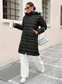 SHEIN Cottnline Fur Detailed Puffy Army Green Padded Long Coat - Black - View 3