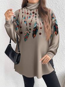 SHEIN LUNE Casual Minimalist All-Over Print Plus Size High Collar Long T-Shirt, Autumn/Winter