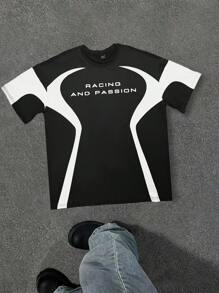 Manfinity Hypemode Men Casual Letter Graphic Color Block Drop Shoulder Short Sleeve Loose T-Shirt, Summer, For Going Out, For Friends