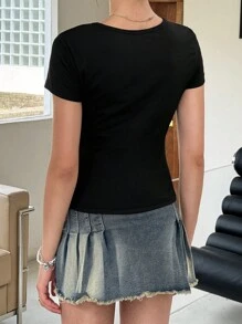 INAWLY Slim Fit T-Shirt Einfarbig für Frauen - Schwarz - Übersicht 2