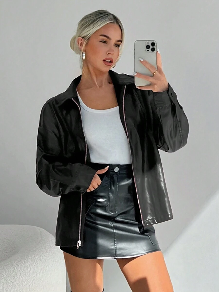 Firerie Women's Fashion Street Style Black Zip-Up PU Leather Jacket, Autumn, Grunge,Casual,Black,PU,Baggy - Black - View 1
