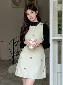 DAZY 1pc Women Bow Embroidered Mid-Length Dress, Cute Style For Autumn/Winter