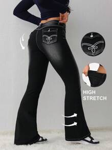 SHEIN Tall Pantalones vaqueros ajustados y acampanados con estiramiento para mujer, pantalones pitillo negros de talle alto, leggings de invierno para mujer, pantalones largos para mujeres altas, pantalones acampanados para mujer, pantalones vaqueros para mujer, vaqueros negros, leggings acampanados, ropa de invierno para mujer