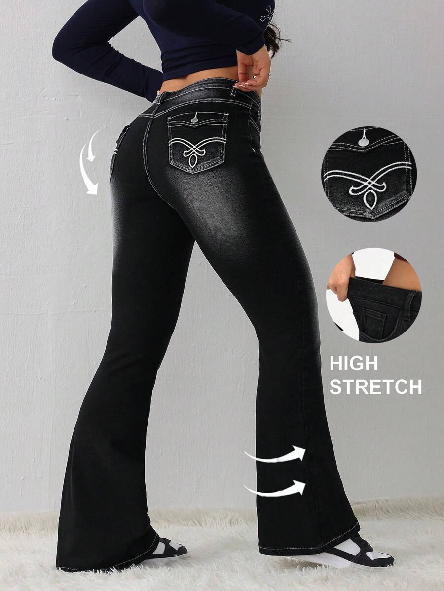 SHEIN Tall Pantalones vaqueros ajustados y acampanados con estiramiento para mujer, pantalones pitillo negros de talle alto, leggings de invierno para mujer, pantalones largos para mujeres altas, pantalones acampanados para mujer, pantalones vaqueros para mujer, vaqueros negros, leggings acampanados, ropa de invierno para mujer
