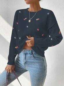 SHEIN LUNE 女士花卉图案落肩长袖休闲毛衣，秋冬 - 寶藍色 - 查看 2