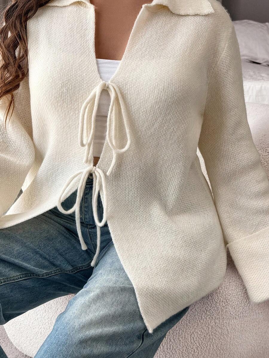 Elenzga كارديجان نسائي بأكمام طويلة وربطة أمامية ذو لون سادة، للمقاسات الكبيرة، للخريف/الشتاء - لون مشمشي - مشاهدة 1