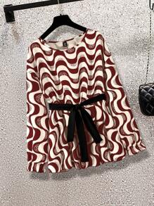 Celure Set de 2 piezas con blusa de cuello redondo de manga larga a rayas onduladas y pantalones casuales para mujer talla grande, otoño