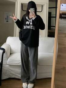 DAZY Áo thun nữ cổ chữ V rộng rãi, ren tương phản, mùa thu, áo thun họa tiết - màu đen - Xem 3