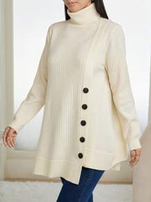 Mulvari Korean Style Loose High Neck Mid-Length Sweater Women, Slouchy Casual Pullover Knit Top, Asymmetrical Hem Minimalist Design Knit Pullover Fall Winter Outfit