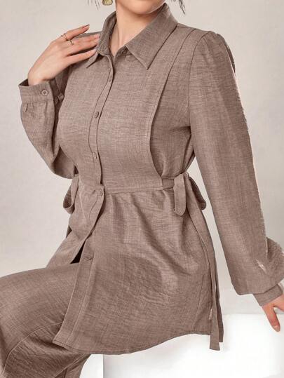 Graceveil Women 2pcs Set Front Button Long Sleeve Casual Blouse And Trousers 2 Pieces Set Modest Fall Cloth For Women