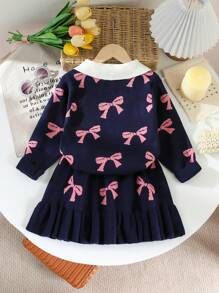 年轻女孩 2 件套针织套装，可爱蝴蝶结设计领毛衣和褶边下摆裙子冬季套装 - 藏蓝色 - 查看 2