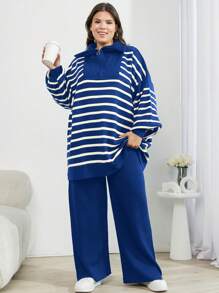 SHEIN Cottnline Plus Size Women's Houndstooth Drop Shoulder Button Down Cardigan Sweater And Pants 3-Piece Set, For Winter - Royal Blue - View 3