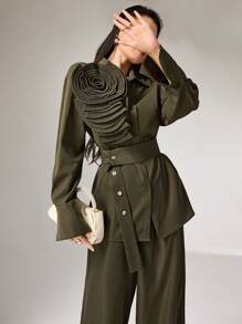 Heiryn 2pcs Women Solid Color 3D Floral Decor Long Sleeve Button Front Shirt & Pants Set 2 Pieces Set - Army Green - View 1