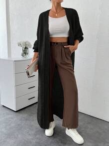 SHEIN Tall Drop Shoulder Open Front Longline Cardigan - Black - View 6