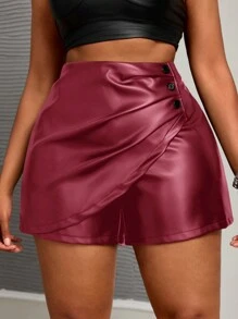 Slaydiva Plus Size Asymmetric Pleated Button Decor Plain PU Shorts For Commuting And Business, Autumn/Winter