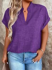 EMERY ROSE Blusa de manga corta murciélago de cuello en V de unicolor para mujer talla grande