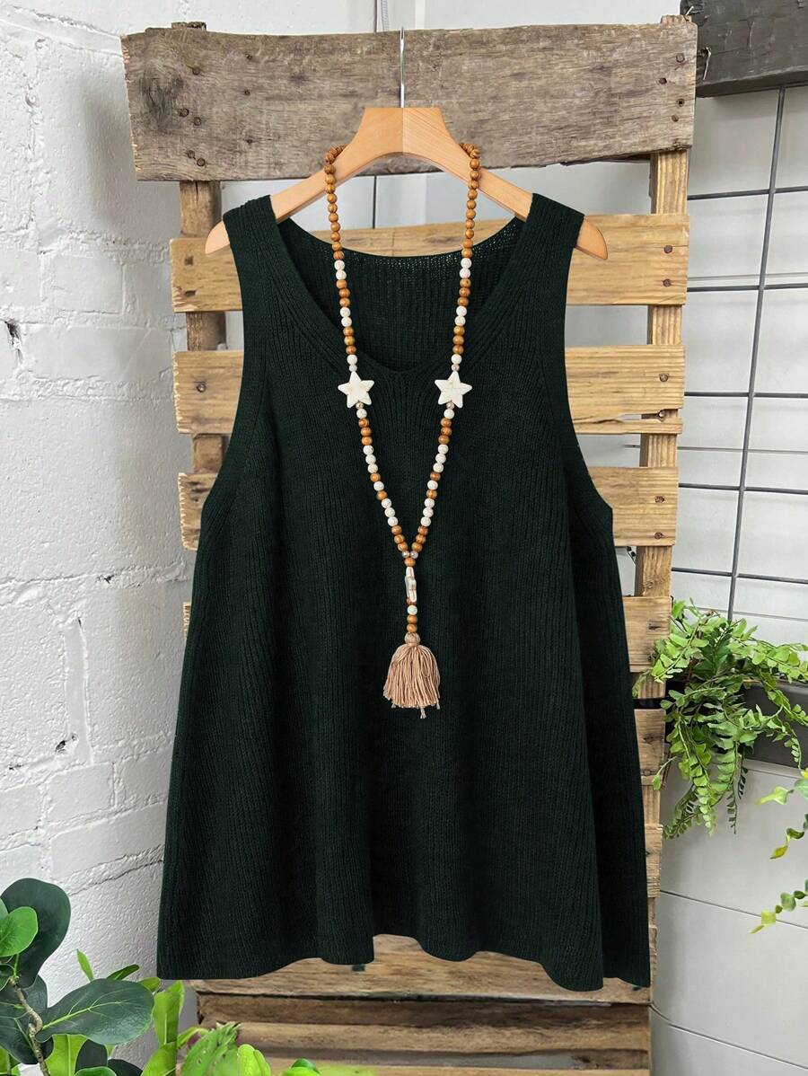 SHEIN LUNE Plus Size Women V-Neck Solid Color Casual Sweater Vest, Autumn & Winter - Dark Green - View 1