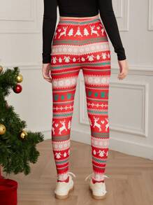 Teen Girl Christmas Element Printed Leggings, Versatile Inner/Outer Wear, Holiday Style, Christmas Party Leggings - Multicolor - View 2
