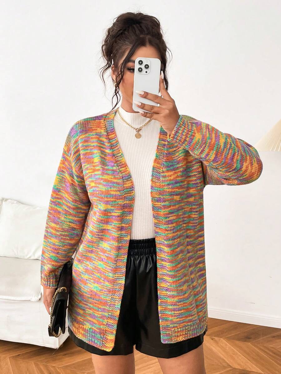 Flirla Plus Size Colorful V-Neck Casual Knit Cardigan For Women - Multicolor - View 1