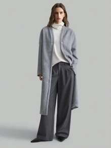 Ontre 1pc Cinza Carvão Elegante Minimalista Frente & Costas Fenda Médio Casaco de Comprimento, Outono/Inverno - Cinza - Ver 7