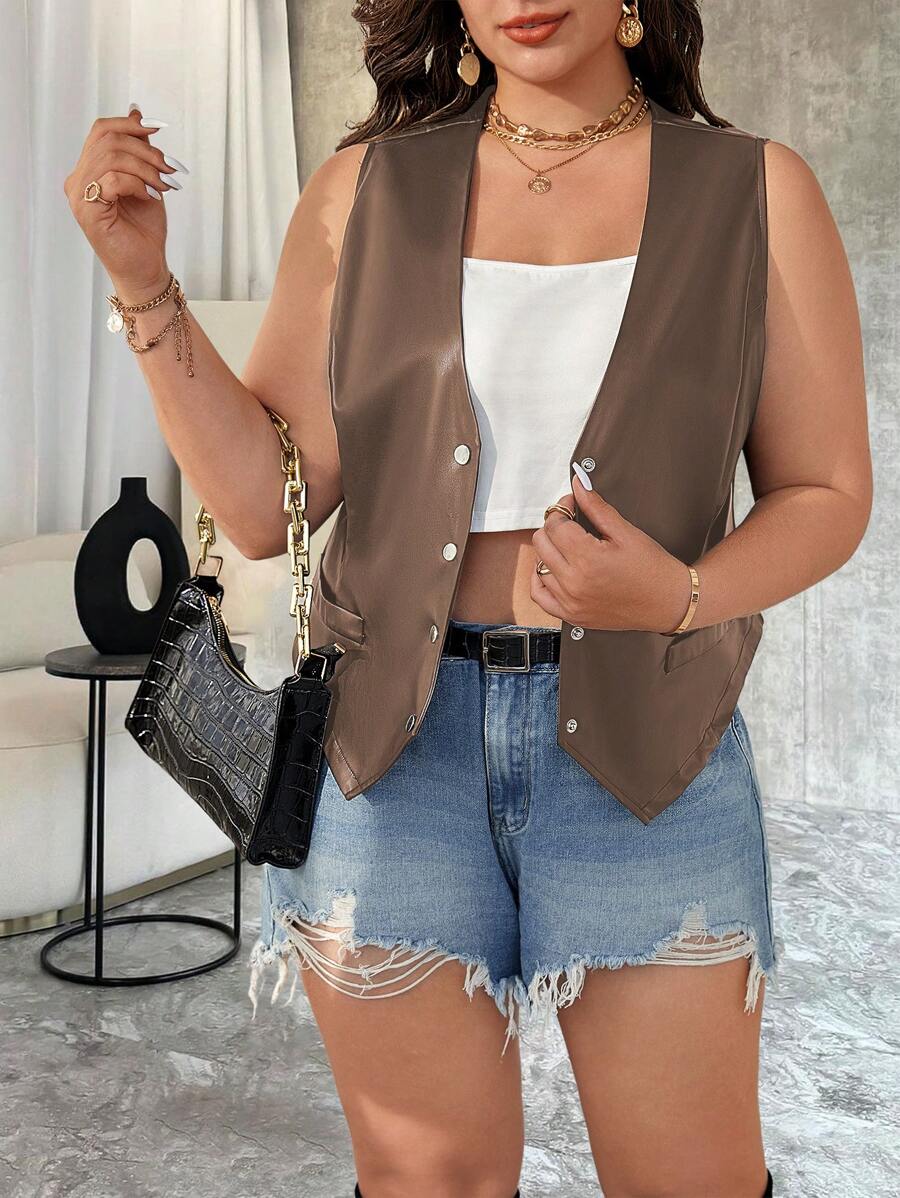 Flirla Plus Size Women Solid Color Single-Breasted Casual Vest Jacket, For Winter - Coffee Brown - View 1