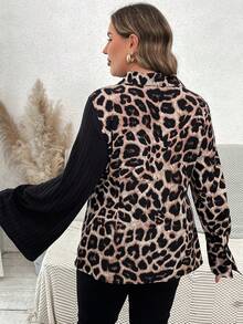 SHEIN VCAY Leopard Print Patchwork Knit Long Sleeve Casual Shirt - Multicolor - View 2