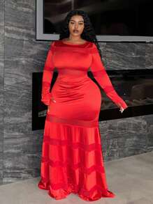 Slaydiva Đầm dạ hội đuôi cá hở lưng lưới maxi gợi cảm, trang phục ngày lễ tình nhân cho phụ nữ ngoại cỡ - Đỏ - Xem 4