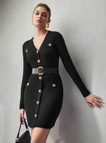 MOTF PREMIUM SOLID GOLD BUTTON DETAIL SLIM FIT SWEATER DRESS WITHOUT BELT - Black - View 5