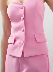 Maija Bộ đồ thời trang tối giản màu hồng trơn giản dị đầu xuân cho nữ có túi giả có nút cài phía trước, quần túi trang trí, bộ thời trang Giáng sinh cho quý cô - Hồng - Xem 6