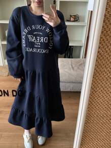 DAZY Women Casual Letter Print Ruffle Hem Mini Dress, Suitable For Autumn,Back To School Clothes,Fall Women Clothes Long Sleeve Dress