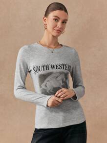 SHEIN Unity Women's Casual Everyday Letter Print Slim Fit Long Sleeve T-Shirt, Autumn Fall Cloth For Women - Grey - View 3
