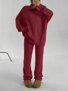 SHEIN Unity Bộ 2 món/Bộ đồ nữ cổ polo màu trơn dài tay áo len và quần dệt kim thường ngày, Thu/Đông - Đỏ - Xem 7