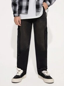 Tween Boy Black Patchwork Casual Simple Straight Washed Denim Pants - Black - View 1