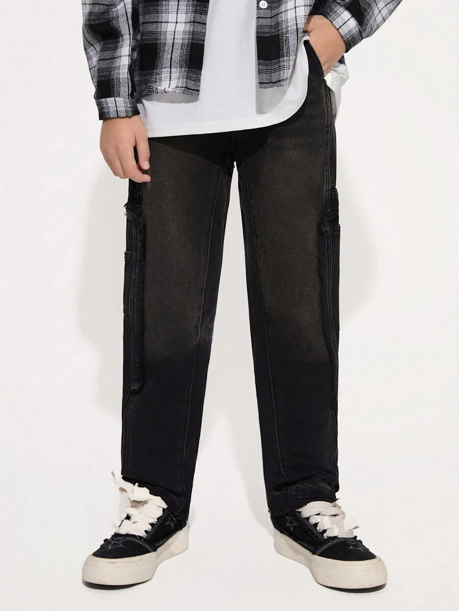 Tween Boy Black Patchwork Casual Simple Straight Washed Denim Pants - Black - View 1