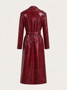 SHEIN X Belinda SHEIN Essnce Burgundy Snake Print Red All-Over Leather Suit Collar Long Sleeve Button Lapel Extra Long Waterproof And Windproof Jacket With Leather Belt Autumn And Winter