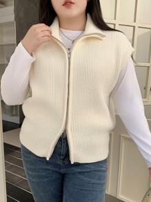 Dazy Petite Plus Plus Size Women Double-Zipper Loose Solid Color Turtleneck Sleeveless Cardigan, Autumn/Winter