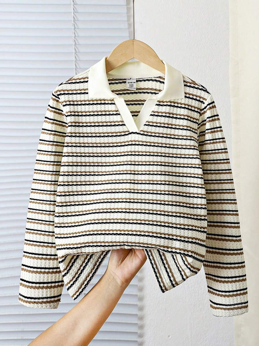 SHEIN Tween 女童 V 领长袖条纹打底 T 恤，秋冬款 - 彩色 - 查看 1