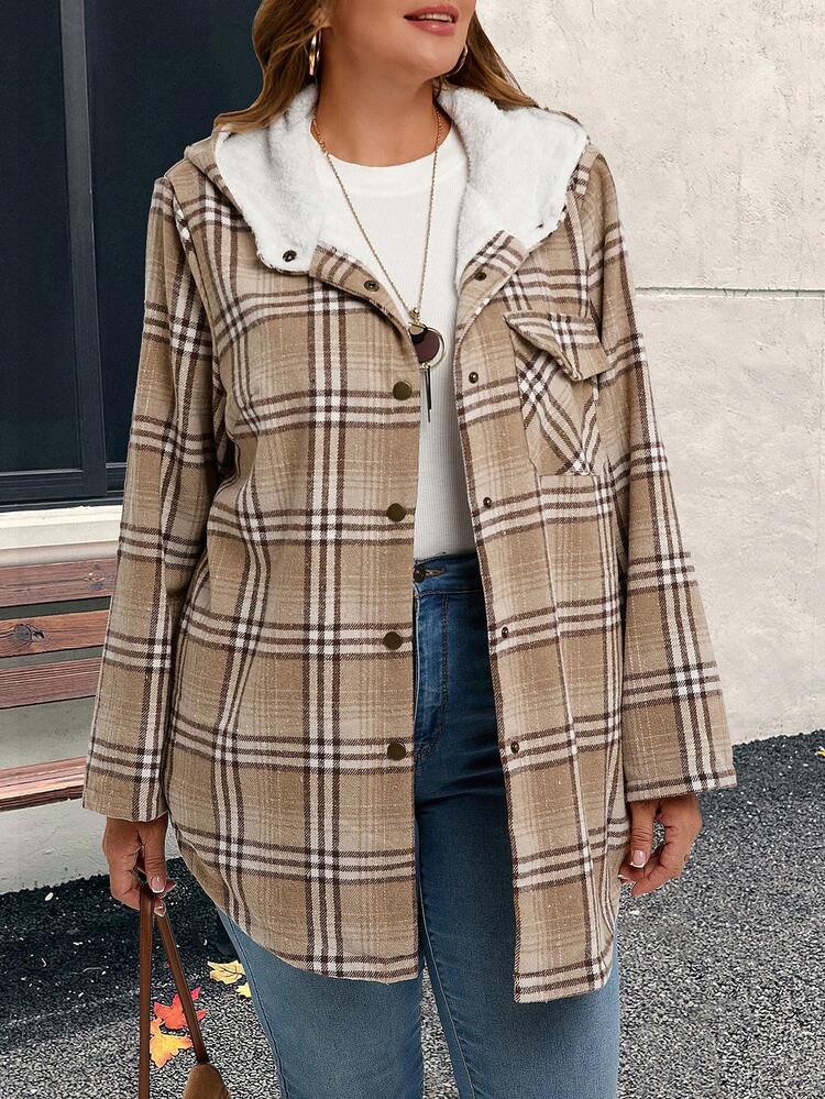 Plus Size Winter Clothes For Women Zip Up Hoodie Coats For Women Button Front Long Sleeve Plaid Pocket Casual Hooded Jacket