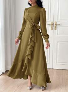 Modelyn Lantern Sleeve Ruffle Trim Knot Side Wrap Dress For Summer Long Evening Dresses - Army Green - View 3