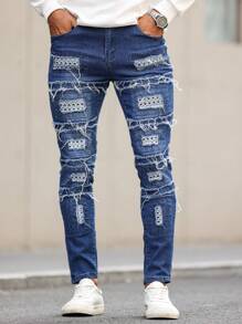 Manfinity LEGND Jeans ajustados de mezclilla para hombre con bolsillo y rotos, vaqueros largos ajustados de color azul oscuro liso deshilachado, regalo para esposo o novio