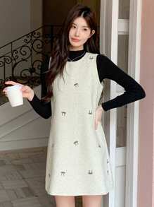 DAZY 1pc Women Bow Embroidered Mid-Length Dress, Cute Style For Autumn/Winter
