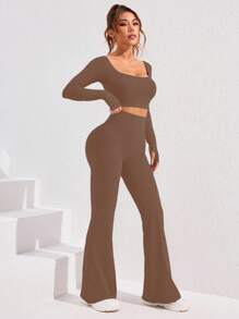Women Solid Square Collar Long Sleeve Cropped T-Shirt & Flared Pants Sports Set Gym Set Workout Women Set