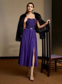 MOTF PREMIUM EMBROIDERY PLANTS PATTERN FOLD PLEATED FLARE HEM TUBE DRESS