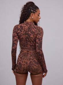 Musera Sport Cropped Zip Up Animal Print Seamless Contour Top Jacket, Padel, Tennis, Pickleball Gym Fitness - Multicolor - View 3