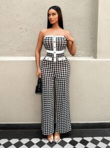 Zolique 1 件女式千鸟格纽扣设计连体裤，优雅阔腿 - 黑與白 - 查看 3